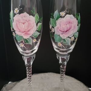 Painted Wine Flutes with spiral stems and pink roses, wedding gifts, gifts